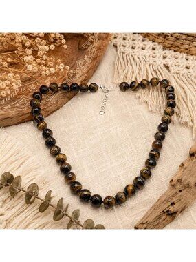 Genuine Tiger's Eye Beaded Necklace Hand Knotted 925 Sterling Silver 20 In BBJ